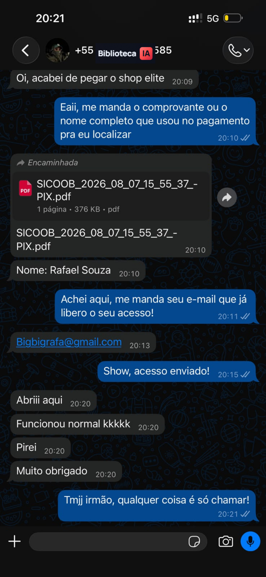 Conversa real de entrega no WhatsApp — Rafael Souza